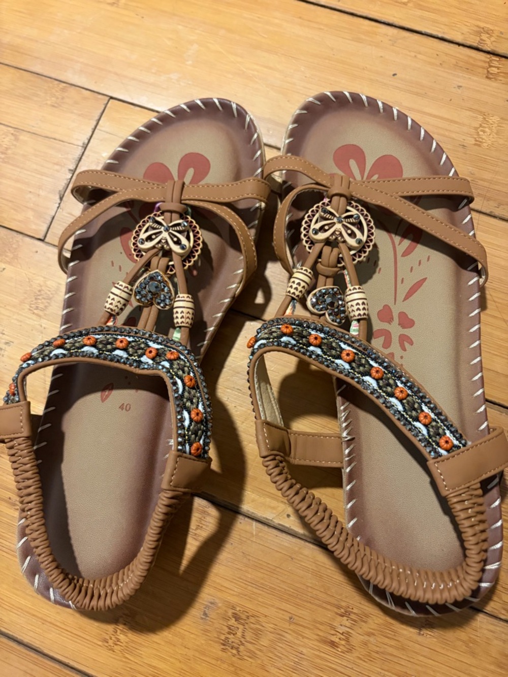 Women's Tan Beaded T-Strap Sandals